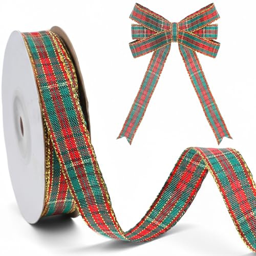 DOPENSPI 23m 1cm Weihnachtsband mit Goldkante, Rot und Grün Weihnachten Dekoband Karoband Geschenkband für Weihnachtsbasteleien Weihnachtskränze Weihnachtsbaum Deko(1.5cm/0.6in)