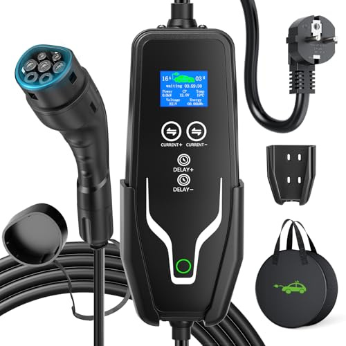 EVJUICION Chargeur Voiture Electrique 3,68kW [6A-16A, 0-12H] Programmé 6 Mètres Chargeur Type 2 avec Ecran Numérique et Support Mural, Domestique Cable Recharge Voiture électrique Portabilité avec Sac