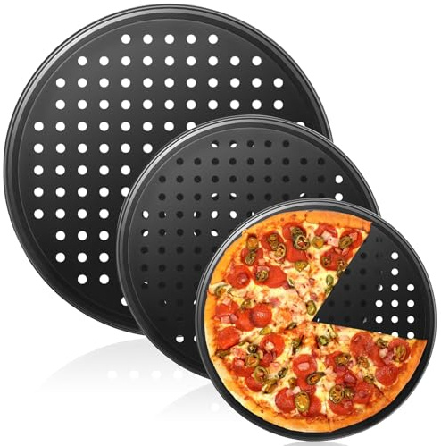 3 Stück Pizzablech - 26/28/32 cm Rund Pizzaform Backblech, Kohlenstoffstahl, Gelocht und Antihaft Pizzablech, Ofen und Spülmaschinenfest, Pizzateller für Knusprige Pizza, Flammkuchen, Brot und Kuchen