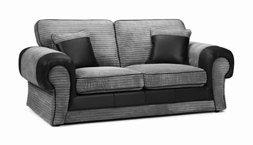 Enchanting Furnishings UK | Verona Tango Sofa Range Black Leather & Jumbo Grey Cord Fabric (Full Back Cushions)(2c2, 3+2, 2c1, 1c2, 3 Seater, 2 Seater, Armchair) (2 Seater)
