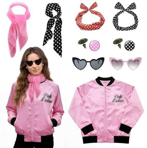 GOUYENG Chaqueta de Satén Rosa de los Años 50 para Mujer,Disfraces de Carnaval,Disfraz de Mujer de los Años 50,para Carnaval,Mardi Gras,Fiesta Temática,Víspera de Todos los Santos