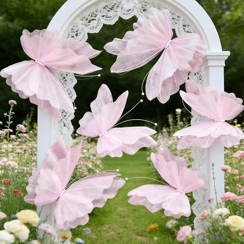 SUNBEAUTY 6 farfalle 3D, grandi decorazioni in carta, rosa, per feste in giardino, feste di compleanno per bambini, decorazione da tavolo, decorazione per interni e primavera, decorazione da tavolo