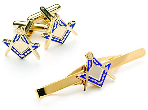 THE MASONIC COLLECTION Quadratisches und Kompass-Manschettenknöpfe und Krawatten-Set für Herren, vergoldet, blaue Beschichtung, Lieferung in Samtbeutel/Manschettenknopf-Box, Freimaurer-Geschenke für