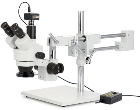AmScope - Microscopio stereoscopico trinoculare, ingrandimento 3,5X-180X, luce ad anello a 4 zone con 144 LED, fotocamera da 10 MP