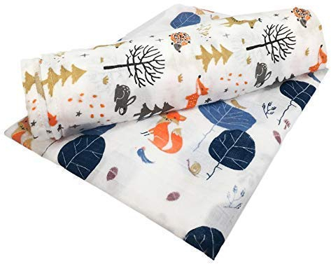 Little English Bamboo/Cotton Large Muslin Blankets for babies Ultrasoft & comfortable, for swaddling & can used as Nursing Cover, Security Blanket, land More - Foxes - Pack of 2-120cm
