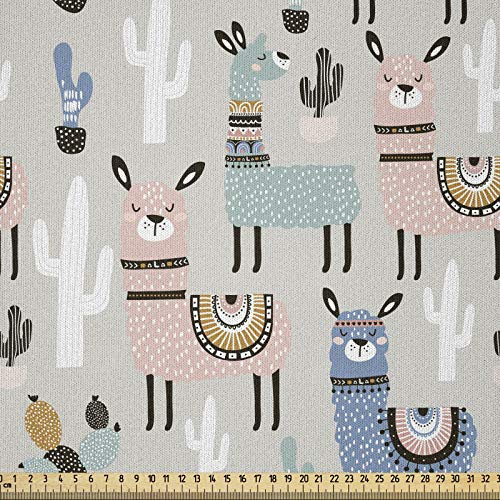 ABAKUHAUS Gekritzel Stoff als Meterware, Lama-Cartoon Kunst für Kinder, Microfaser Stoff für Dekoratives Basteln, 1M (230x100cm),Beige Weiß Rosa