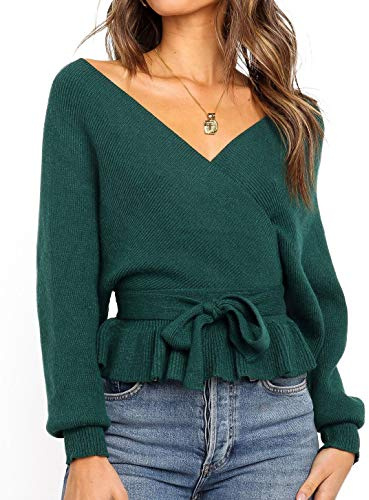 ZESICA Women's Fall 2025 Wrap V Neck Long Batwing Sleeve Belted Waist Ruffle Knitted Sweater Pullover Top,Green,Medium