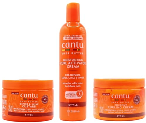 Cantu Shea Butter feuchtigkeitsspendende Curl Activator Creme 355ml mit Define & Shine Custard 340g & Coconut Curling Cream 340g