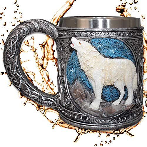 Deko Krug ''Wächter des Nordens'' - Weißer Wolf vor Sternenhimmel - 350ml - Höhe 10 cm- Fantasy Mystik Dekoration