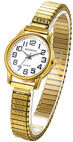 JewelryWe Reloj para Mujer Sencillo y a la Moda, Ultra Claro y Fácil de Leer, Esfera Digital Grande, Práctico Con Correa Elástica, Cinturón Dorado, Cara Blanca