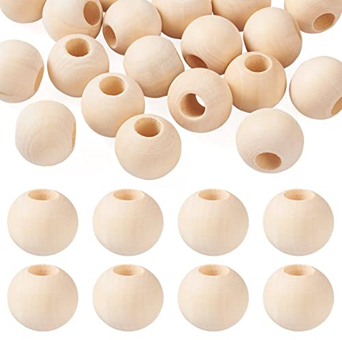 PandaHall Natürliche runde Holzperlen, großes Loch unlackierte Holzkugel-Abstandshalter lose Perlen mit 9~10mm Loch für Handwerk DIY handgemachte Dekoration, Schmuckherstellung, Antikweiß, 20 Stück