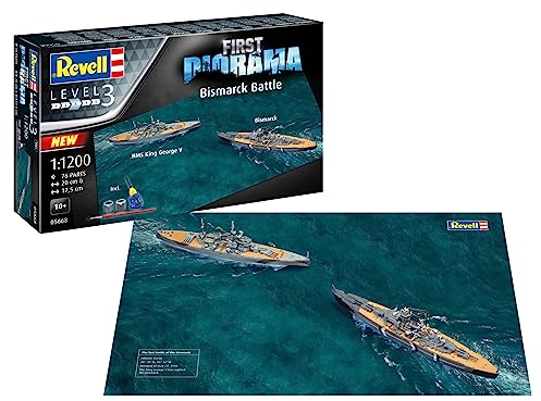 Revell First Diorama Set 05668 Bismarck Battle - Bismarck & HMS King George V 1:1200 Scale Unbuilt Plastic Model Kits with Contacta Professional Glue, Paintbrush & Selected Aqua Color Paints