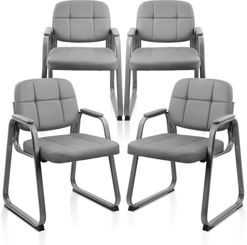 CLATINA Guest Waiting Reception Chair with Bonded Leather Thick Cushion and Padded Arm Rest, Sled Base Stationary Desk Chairs for Office Conference Meeting Lobby Hall Side Break Room, Grey, 4 Pack