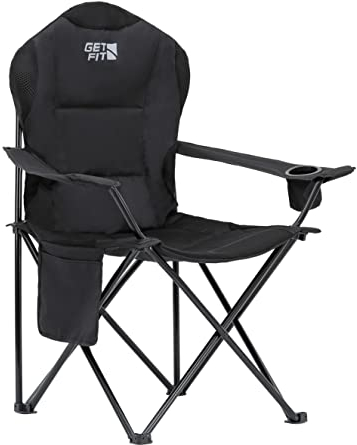 Get Fit Premium Camping Chair - Thick Padded Folding Chair For Adults With Magazine Pocket, Cup Holder & Carry Bag - Lightweight 3kg - Heavy Duty Foldable Picnic Chair - Capacity 130kg - Black Single