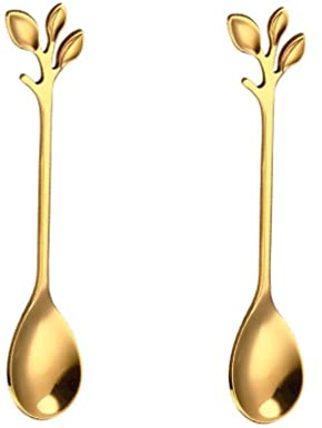 2 Pack Stainless Steel Leaf Coffee Spoon Tableware Dessert Spoons, Stirring, Mixing, Sugar, Stir, Ice Cream, Cake, Teaspoon 4.7 inch Gold
