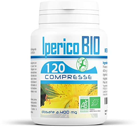 Iperico Bio (Erba di San Giovanni) 400mg - 120 compresse, Polvere di Iperico sommità fiorite : 400mg - Agente di carica : carbonato di magnesio