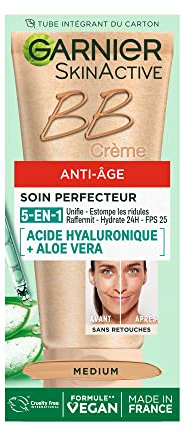 GARNIER Skin Active – BB Anti-Aging-Creme – All-in-1-Perfektionspflege – strafft & spendet Feuchtigkeit – LSF 25 – Hyaluronsäure & Aloe Vera – Vegan & Cruelty Free – alle Hauttypen – mittlere Tönung –