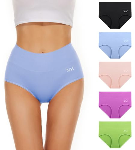 TANSTC Unterhosen Damen Unterwäsche Weich Baumwolle, 5er Pack Unterwäsche Frauen, Stretch Hohe Taille Panties Damen, Atmungsaktive Sexy Slip Damen, L, Schwarz Rosa Lila Blau Grün 6 Farben Einfarbig