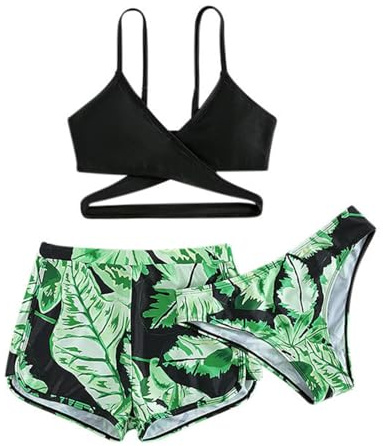 Freebily Baddräkt för flicka 3 delar strandtankini brasiliansk bikini pool strand sommar trikini crop crop top badshorts + trosor badbyxor badkläder, Grön, 12-13 anni