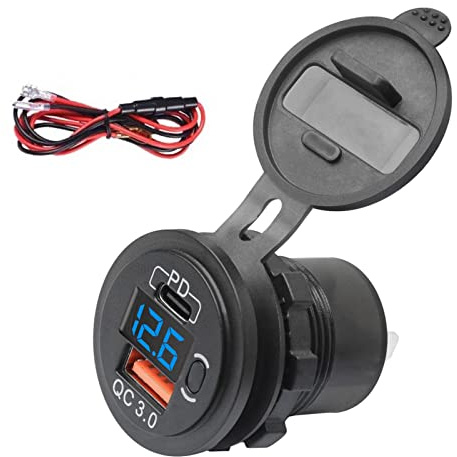 Prise USB C PD 12V / 24V, QC3.0 étanche USB pour véhicule avec câble de 23,6 pouces Double connexions de charge, affichage numérique LED Voltmètre et interrupteur