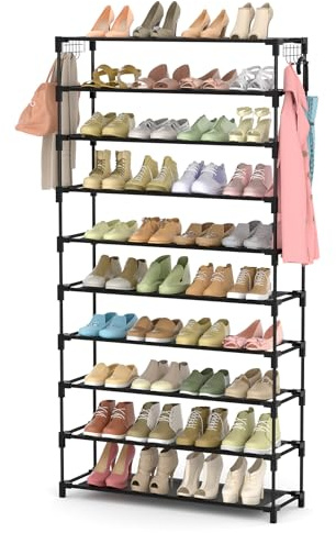 LANTEFUL 10 Tiers Shoe Rack 50 Pairs Large Capacity Tall Shoe Organizer Sturdy Shoe Storage with Two Hooks Space Saving Metal Wide Shoe Rack for Closet, Entryway, Bedroom, Black