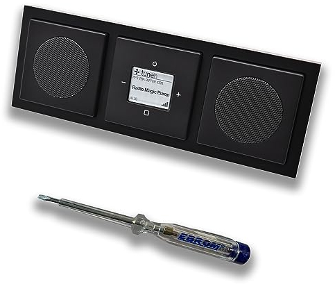 Busch Jäger iNet Internet Unterputz Radio 8216U Future Anthrazit, Komplett-Set mit 2 x Lautsprecher, Abdeckungen, Rahmen + EBROM Phasenprüfer zur Montage der Geräte - 8216 U Internetradio