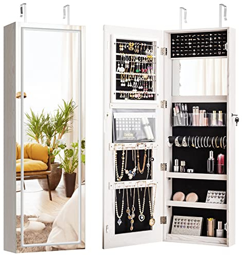 GOPLUS Armoire à Bijoux avec Miroir, Organisateur de Bijoux Mural avec Étagère de Rangement, Serrure, Lumière LED, Écran Tactile, pour Maquillage, Cosmétiques, Boucles d'Oreille