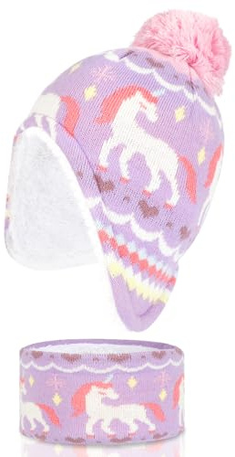 QKURT Cappello e Sciarpa per Ragazze, Sciarpa Calda Invernale Lavorata a Maglia per Bambini, Cappello in Pile, Berretto con Pompon con Paraorecchie, Set per la Stagione Fredda per 1-4 Anni