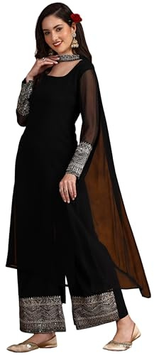 EthnicJunction Ensemble pantalon Kurta et dupatta en dentelle Georgette pour femme, Noir, S