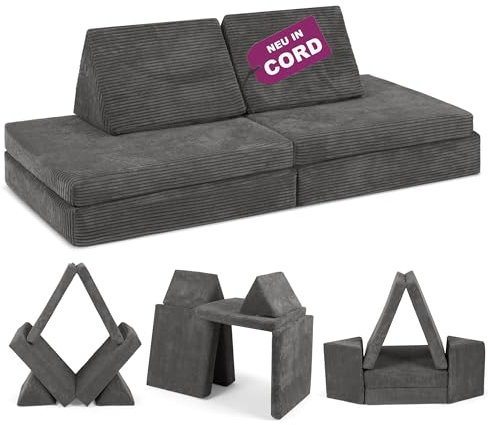 Linodino® Spielsofa Cord | Kindersofa aus Schaumstoff Bausteine - Spielsofa für Kinder & Kuschelecke im Kinderzimmer | Kindercouch | Oeko-TEX 100 Zertifiziert | Nashorn Grau