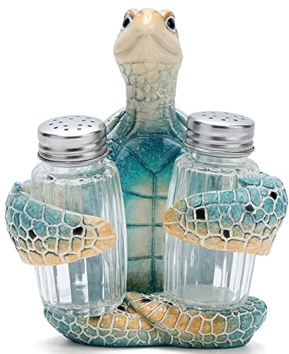 Hodao Salt and Pepper Shaker Turtle Set with Holder - Beach Bar or Tropical Kitchen Decor by Home Gifts