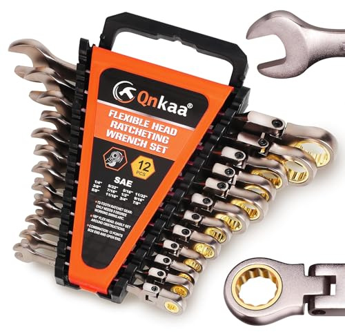 Qnkaa 12pcs Flexible Ratchet Wrenches Set SAE 1/4” to 7/8“ Inch Standard Spanners Gear Ring Ratcheting Combination Flex-Head Wrenches Kit with Portable Organizer Rack