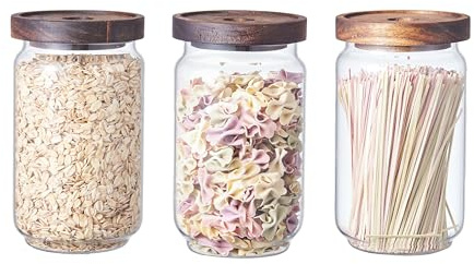 Eden & Willow Airtight Borosilicate Glass Kitchen Storage Jars with Acacia Wooden Lids, Food-Safe Pantry Organiser, Suitable for Home and Kitchen Use (Set of 3, 730ml)