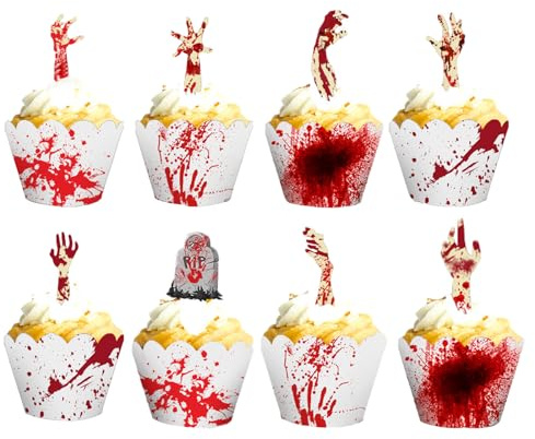 KEELYY 48 Stück Halloween Cupcake Topper Wrapper, Papier Cupcake Förmchen Tortendeko Halloween Deko Horror für Muffins Kuchen Käseplatte Vorspeisen für Party