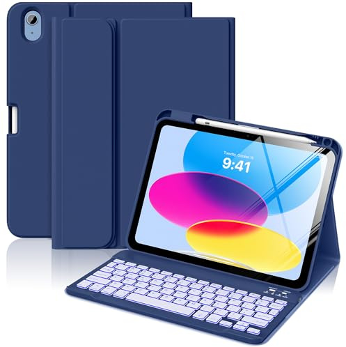 MoKo Keyboard Case for iPad (A16) 11th 11''/10th Gen 10.9'', Navy Blue | 7 Color Backlit, Multi-Angle Detachable Bluetooth Keyboard Case with Pencil Holder,Auto Wake Sleep