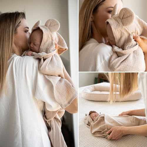 PaLulli® 100x100cm Baby Pucktuch Musselin Decken Zweischichtig - Handtuch mit Kapuze und eingenähten Ohren, Wickeln, 100% Naturreine Materialien, Antiallergisch, Atmungsaktive (Beige)