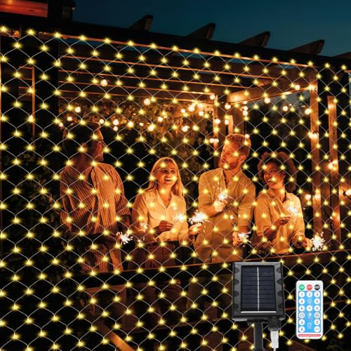 Eulenke lichternetz solar 4,5x1,6m, 240 LEDs Warmweiß Energieeinsparung lichternetz mit Fernbedienung, Helligkeit einstellbar, 8 Modi + Memory-Funktion, IP44, Lichtempfindlich Kontrolle