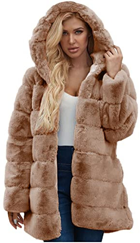 Komiseup Winterjacke Damen, Fleecejacke Damen, Kunstpelz Jacke Mantel Lang Dick Wintermantel Offener Front Plüschjacke mit Kapuze Elegant Winter Pelzmantel Kunstfell Oberbekleidung Faux Pelz Coat 08