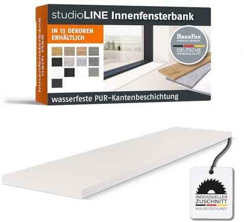 HausFux studioLINE MDF-Innenfensterbank nach Maß - 1,8 cm stark, melaminbeschichtet, mit ABS-Kante - Made in Germany - individueller Zuschnitt (Icy White, T x L | 25 x 150 cm)