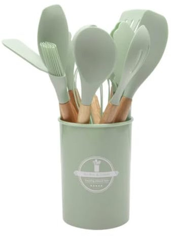 Juego de utensilios de cocina de silicona, 12 piezas, asas de madera, vasos de almacenamiento (verde menta)