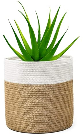huipinghu 20cm Cotton Woven Plant Pot | Breathable Indoor Planter Basket for Potted Plants | Built-in Handles - 20x20cm for Boho Home Decor & Herbs (White+Yellow)