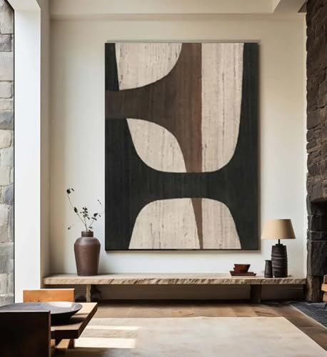 XINBAO Peinture texturée beige et noire, art mural Wabi Sabi, peinture abstraite sur toile, grande image murale noire et marron, décoration murale, 80 x 120 cm, avec cadre