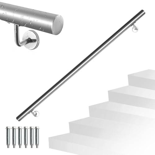 Eikuavons Edelstahl Handlauf, 150 cm Treppengeländer Geländer Ø42 mm, Wandhandlauf für Innen und Außen inkl Wandhalterung und Endkappen,Treppe Wandhalter Haltegriff Stange