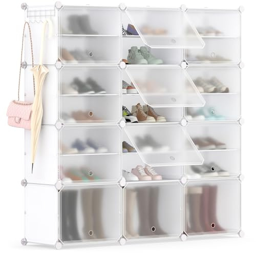 Multigot 12-Cube Shoe Rack, DIY Modular Shoe Storage Cabinet with Doors, Portable Closet Shelving Storage Organizer Unit for Entryway, Hallway, Closet (White, 124 x 32 x 125cm)