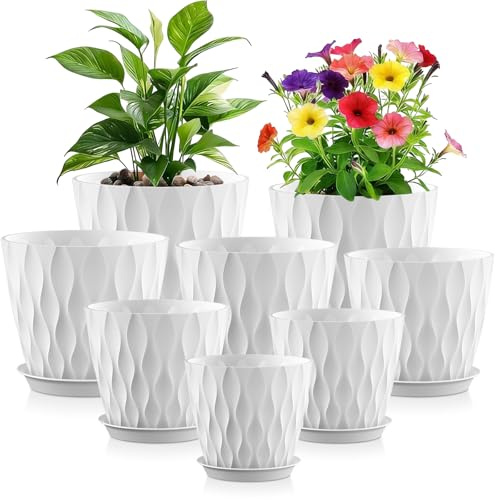 WSMKSZ 8 Pack Plant Pots Indoor Outdoor, 20 to 10cm Flower Pots Set, White | Decorative Plastic Planter Pots for House Plants with Saucers & Drainage Holes, 3D Modern Wave Texture, Various Sizes