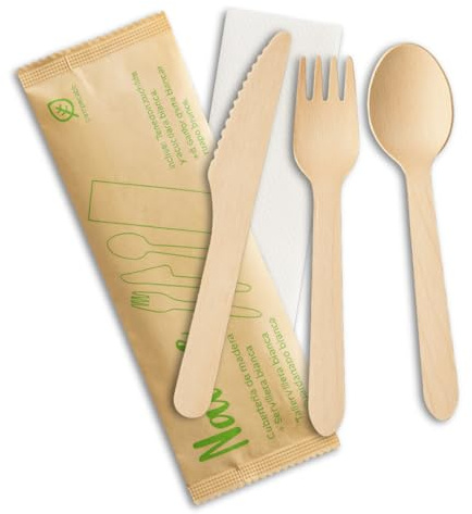 Set Cubiertos Desechables Madera con Servilleta – Tenedor, Cuchillo y Cuchara 16 cm – Cubiertos Desechables para Fiestas, Picnic, Catering – Packs de 10/20/30/50 Unidades (20)