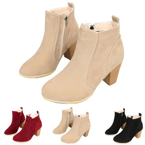 Botines sin cordones para mujer, botas de tacón alto de piel de ante con puntera redonda, zapatos formales de negocios elegantes con cremallera lateral, Khaki, 38 EU
