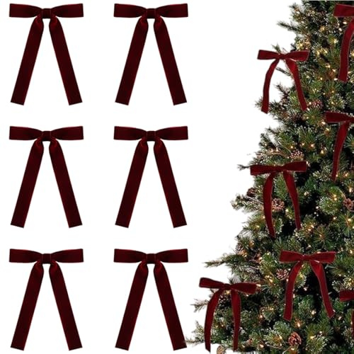DOKRIN Fiocchi e nastri natalizi,Decorazione per albero di Natale con fiocco in velluto bordeaux da 2,5 cm, decorazione natalizia con scena natalizia (12 pezzi)