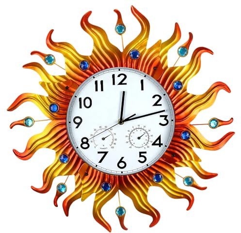 shumi Grande horloge murale d'extérieur avec thermomètre et hygromètre, horloge murale décorative silencieuse sans tic-tac pour terrasse, piscine et salle de bain
