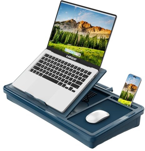 LAPGEAR Ergonomischer Pro 2.0 Schoßschreibtisch mit 9 verstellbaren Höhen, integriertem Mauspad & Telefonschlitz – Vollmikroperlenkissen, Aufbewahrungstasche, passend für Laptops bis zu 15,6 Zoll